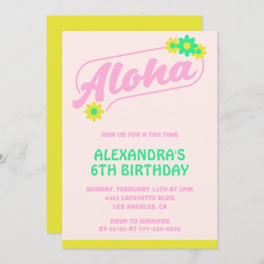 Invitations de 6e anniversaire Tropical Aloha Pink (Devant / Derrière)