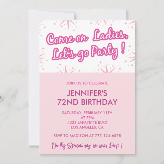 Invitations de 72e anniversaire rose Fun Fun Girly (Devant)