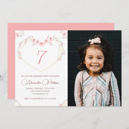 Invitations de 7e anniversaire Boho Floral Photo (Devant / Derrière)