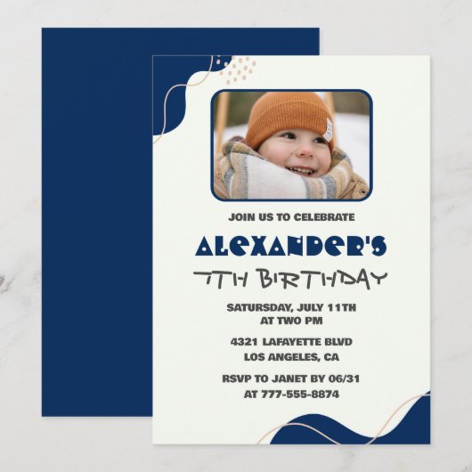 Invitations de 7e anniversaire Boy Navy Simple Pho (Devant / Derrière)
