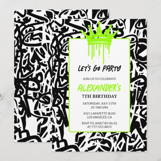 Invitations de 7e anniversaire Boy Party Graffiti (Devant / Derrière)