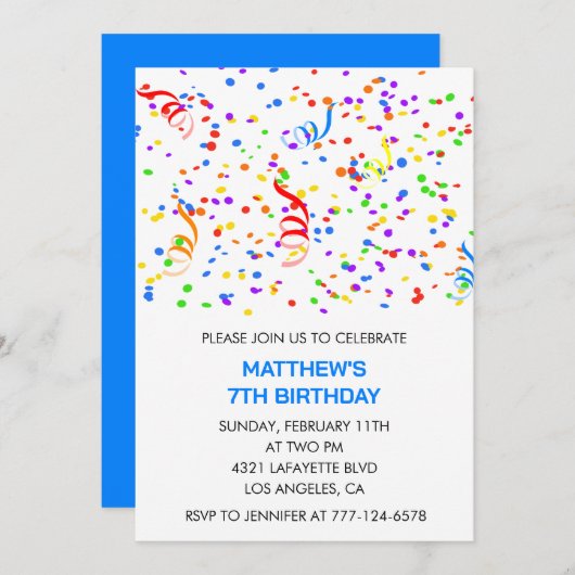 Invitations de 7e anniversaire Confetti Rainbow Bo (Devant / Derrière)