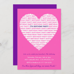 Invitations de 7e anniversaire Pink Heart Modern