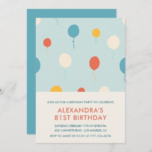Invitations de 81e anniversaire Balloons Moderne (Devant / Derrière)