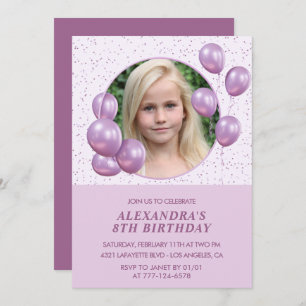 Invitations de 8e anniversaire Ballons Photo Purpl