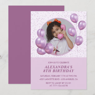 Invitations de 8e anniversaire Ballons Photo Purpl