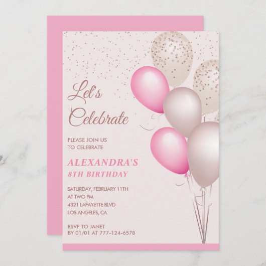 Invitations de 8e anniversaire Balloons Pink Confe (Devant / Derrière)