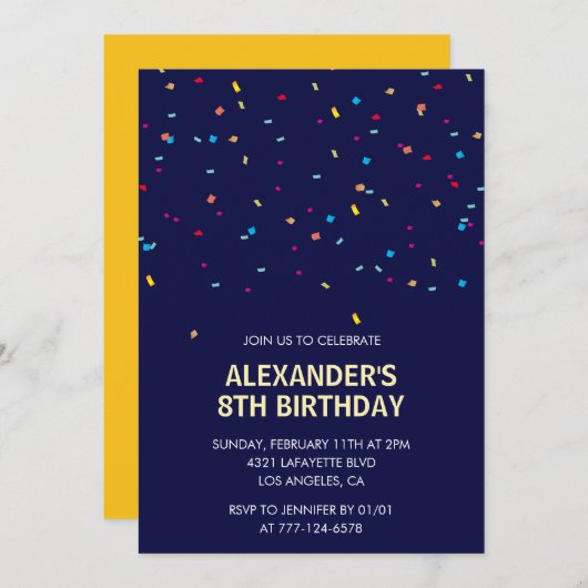 Invitations de 8e anniversaire Boy Confetti Modern (Devant / Derrière)
