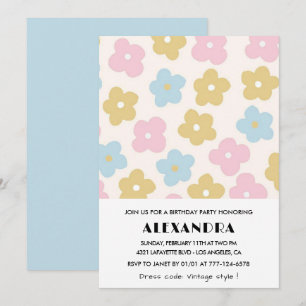 Invitations de 8e anniversaire Retro Blue Pink Flo