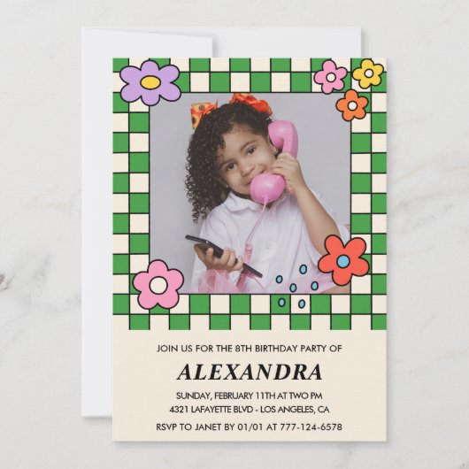 Invitations de 8e anniversaire Retro Fleurs Super (Devant)
