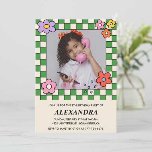 Invitations de 8e anniversaire Retro Fleurs Super (Debout devant)