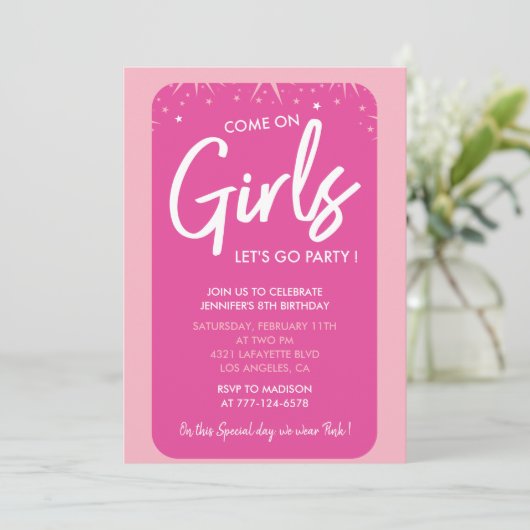 Invitations de 8e anniversaire rose Fille branchée (Debout devant)