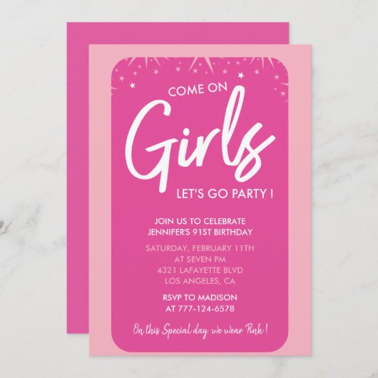 Invitations de 91e anniversaire rose Fille tendanc (Devant / Derrière)