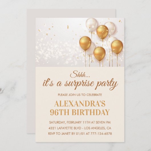 Invitations de 96e anniversaire Surprise Gold mode (Devant / Derrière)