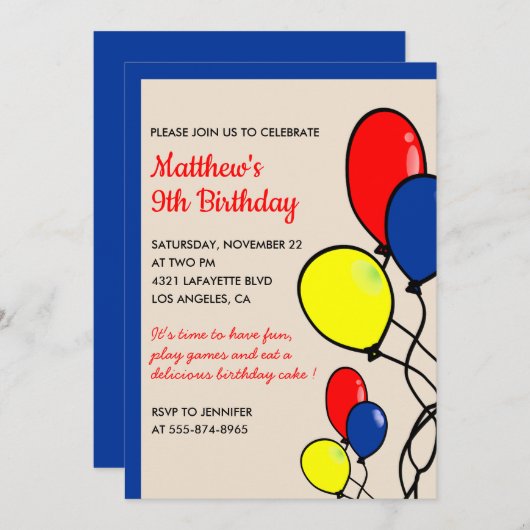 Invitations de 9 ans simples Ballons Boy (Devant / Derrière)