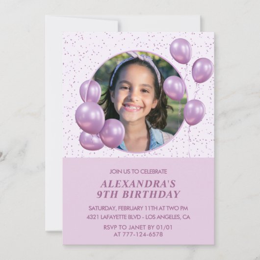 Invitations de 9e anniversaire Ballons Photo Purpl (Devant)