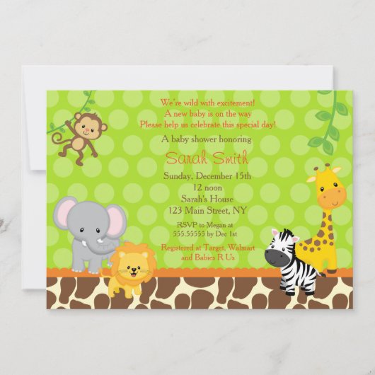 Invitations de baby shower d'animaux de jungle de (Devant)