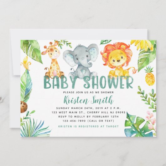 Invitations de baby shower d'animaux de safari (Devant)