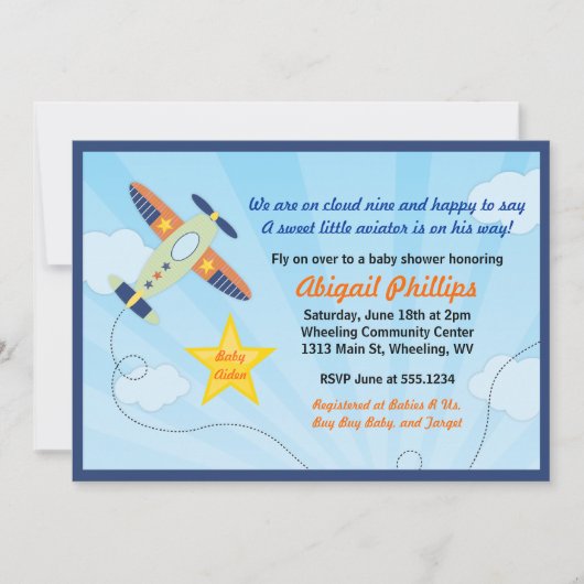 Invitations de baby shower d'avion d'aviateur de (Devant)