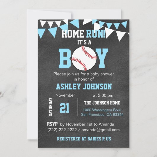 Invitations de baby shower de base-ball de tableau (Devant)