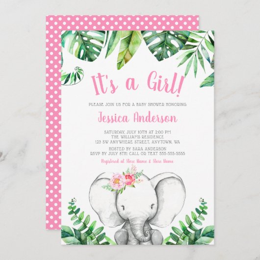 Invitations de baby shower de fille d'éléphant de (Devant / Derrière)