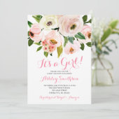 Invitations de baby shower de fille, fleurs roses (Debout devant)