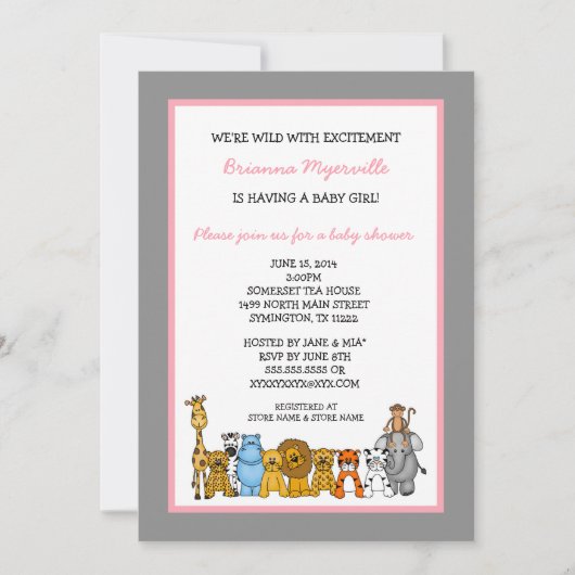 Invitations de Baby shower de filles des animaux d (Devant)