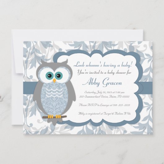 Invitations de baby shower de hibou, bleu, gris - (Devant)