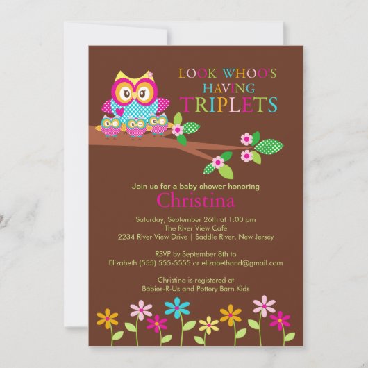 Invitations de baby shower de hibou de triplets (Devant)