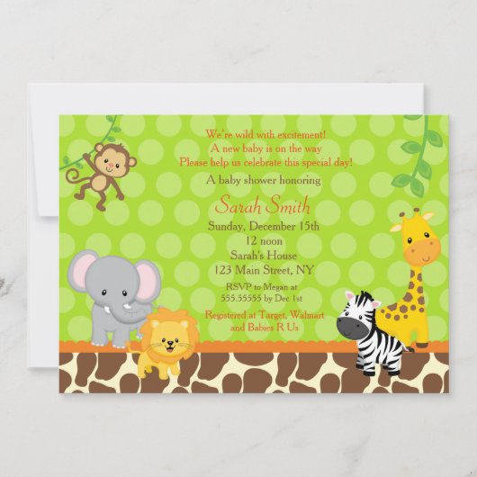 Invitations de baby shower de jungle de safari (Devant)