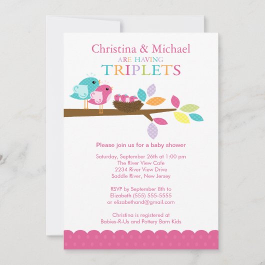 Invitations de baby shower de triplets de nid (Devant)