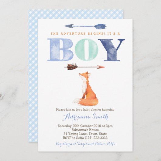 invitations de baby shower fox, bébé chute saupoud (Devant / Derrière)