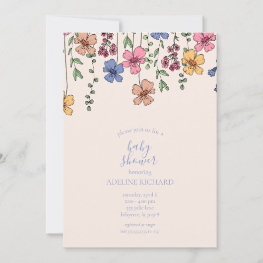 Invitations de Baby showers fleurs sauvages (Devant)