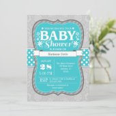 Invitations de Baby showers floraux gris turquoise (Debout devant)