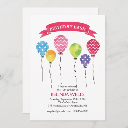 Invitations de ballons d'anniversaire (Devant / Derrière)