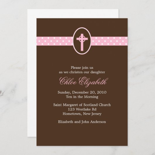 Invitations de baptême croix rose (Devant / Derrière)