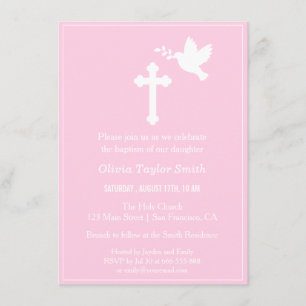 Invitations de baptême de la Croix rose moderne et