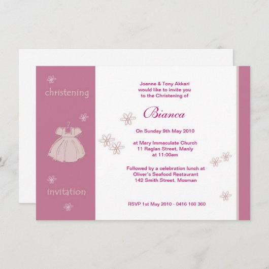 Invitations de baptême de robe de fraise (Devant / Derrière)