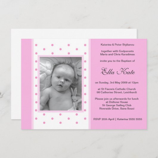 Invitations de baptême Pois roses (Devant / Derrière)