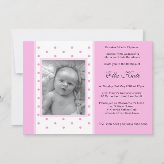 Invitations de baptême Pois roses (Devant)