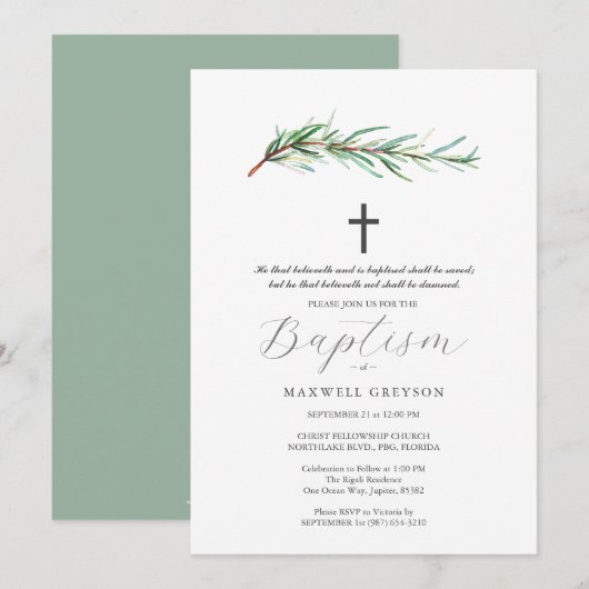Invitations de baptême Romarin botanique (Devant / Derrière)
