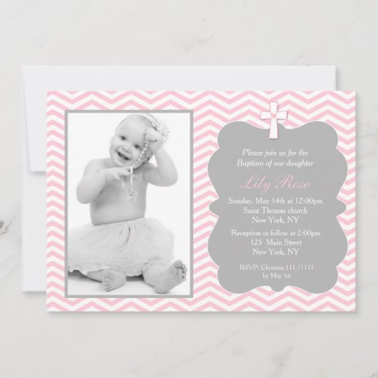 Invitations de baptême rose Grey Chevron (Devant)