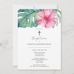 Invitations de baptême tropicale Hibiscus rose