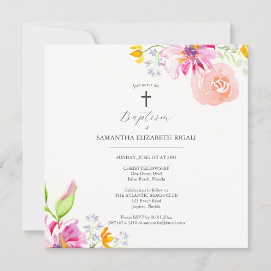 Invitations de baptêmes roses pour les fleurs de f (Devant)