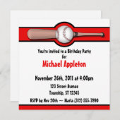 Invitations de base-ball Red Birthday (Devant / Derrière)