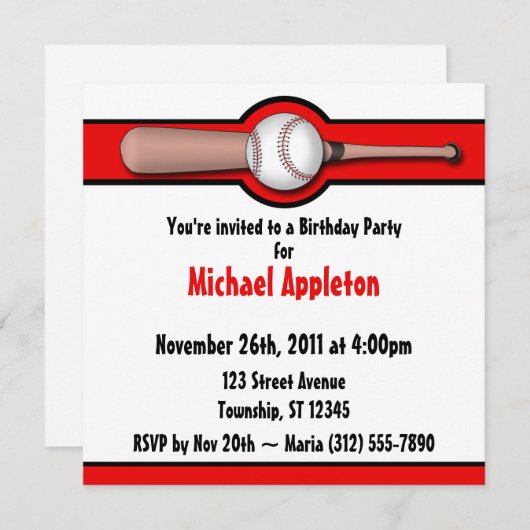 Invitations de base-ball Red Birthday (Devant / Derrière)