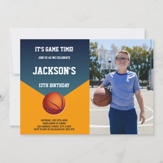 Invitations de basket-ball vert et orange avec pho (Devant)