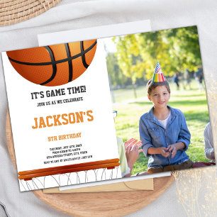 Invitations de basketball blanc orange avec photo