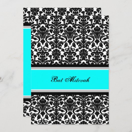 Invitations de Bat mitzvah Aqua Damask (Devant / Derrière)