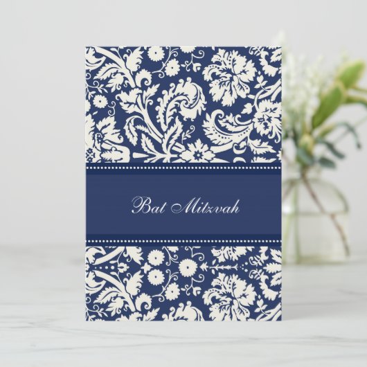 Invitations de Bat mitzvah Blue Damask (Debout devant)